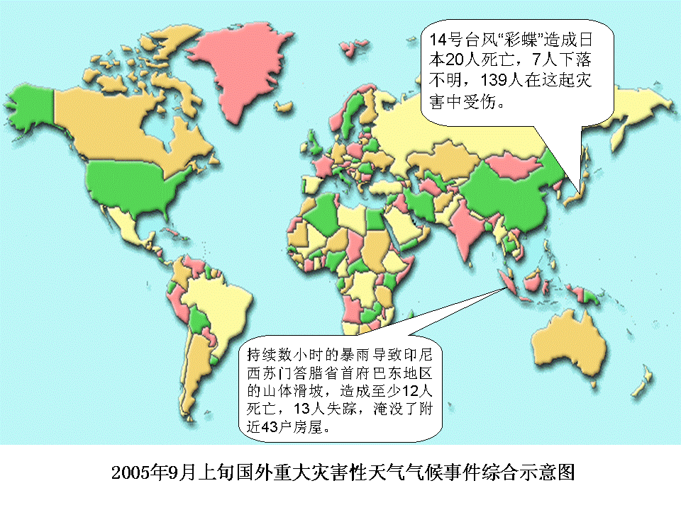 2005年9月上旬国外重大灾害性天气气候事件综合示意图